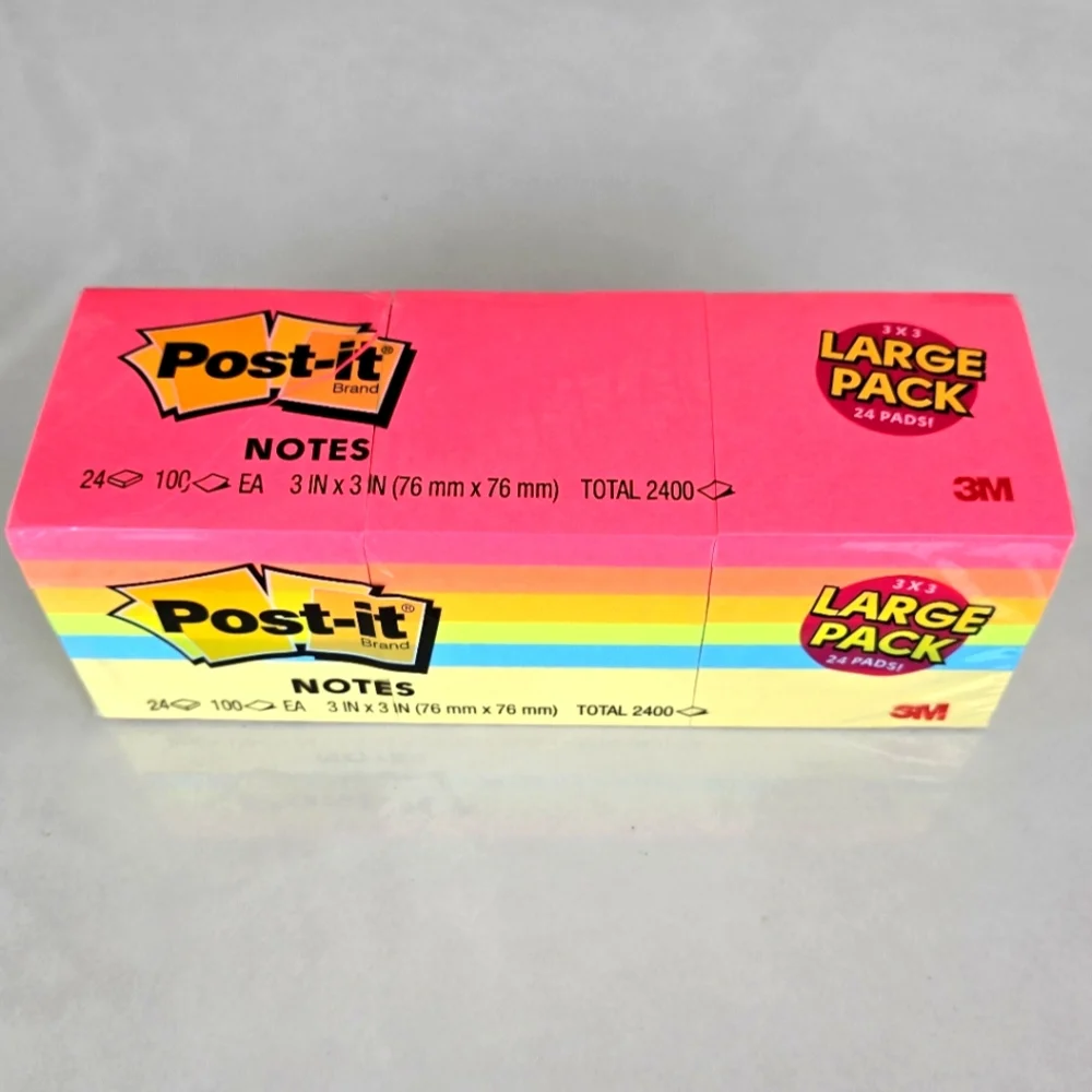 NWT Post-it Notes Large Pack Of 24 Pads - Pink, Orange, Yellow, Green And Blue